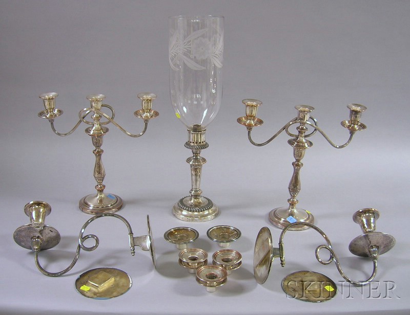 Appraisal: Group of Silver Plated Lighting including a candlestick with hurricane