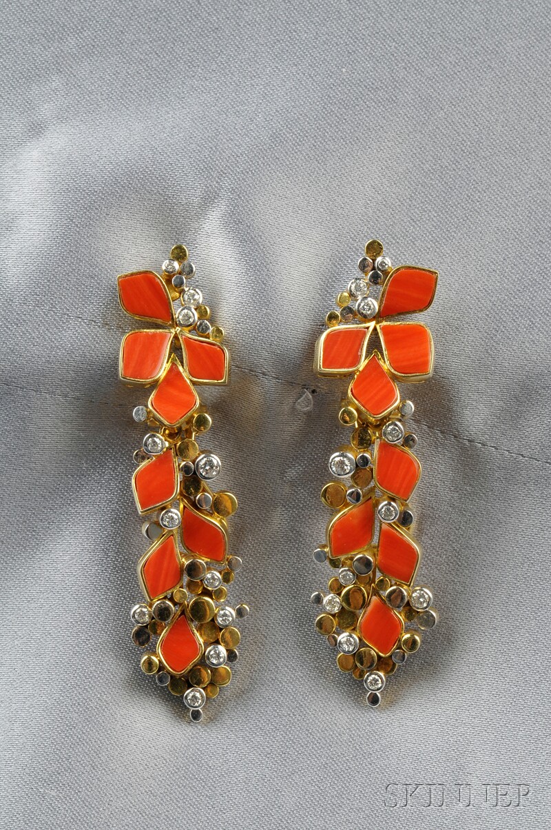 Appraisal: kt Gold Coral and Diamond Earpendants each set with shaped