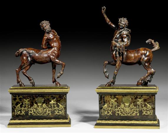 Appraisal: PAIR OF BRONZE CENTAURS WITH BOULLE PEDESTALS Regence style after