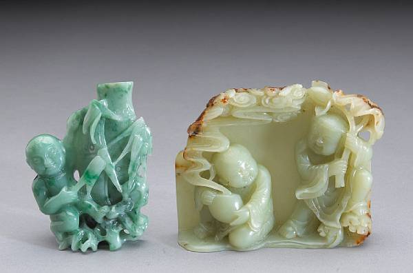 Appraisal: Two jade carvings of children The first of olive green