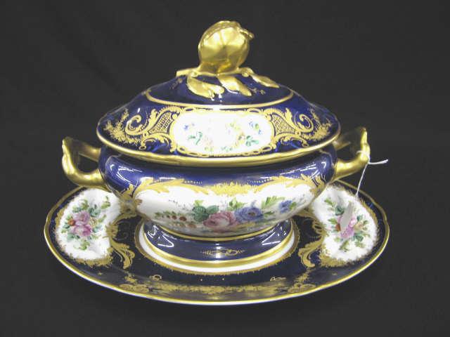 Appraisal: Superb Limoges Porcelain Cobalt Gold Tureen handpainted floral decor main