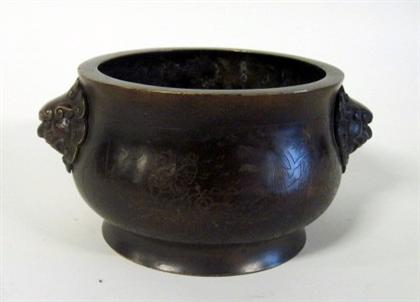 Appraisal: Chinese incised bronze censerCylindrical form figural landscape to body mask