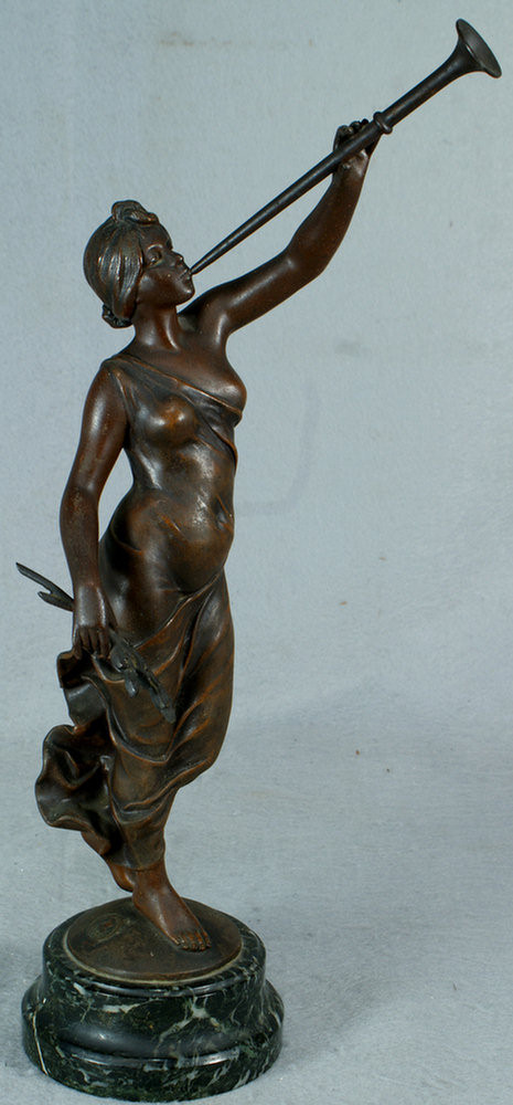 Appraisal: Patinated white metal sculpture of a woman playing a horn