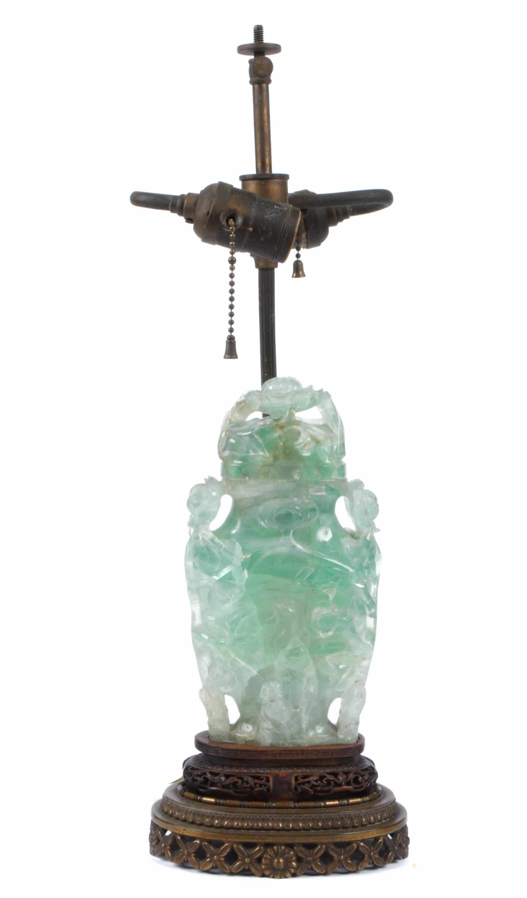 Appraisal: A green quartz urn mounted as a lamp overall height