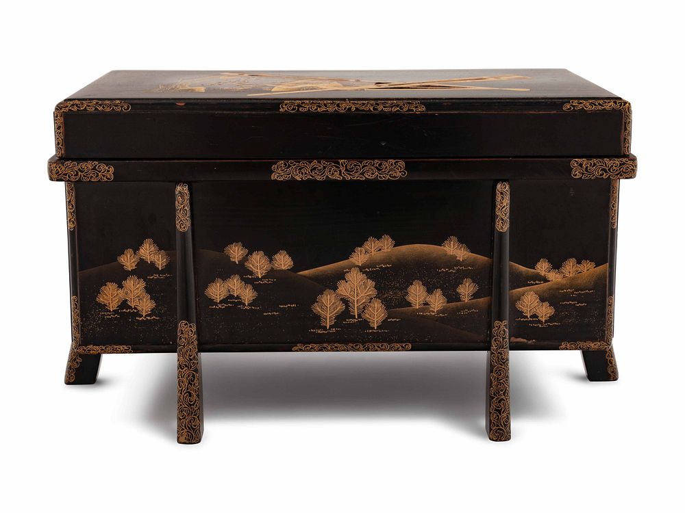 Appraisal: A Small Gilt Decorated Black Lacquer Trunk A Small Gilt