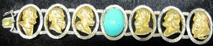 Appraisal: karat yellow and white gold turquoise and diamond panel braceletFeaturing