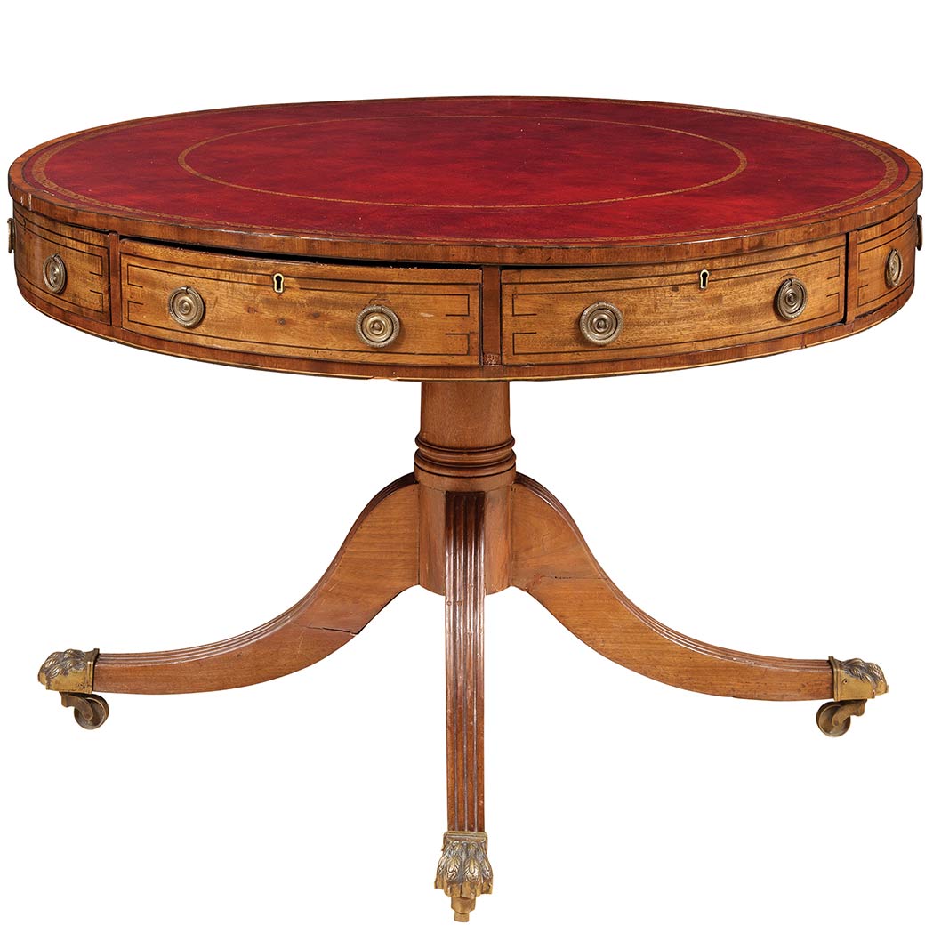 Appraisal: Regency Line Inlaid Mahogany Drum Table The leather lined circular