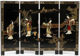 Appraisal: CHINESE BLACK LACQUER HARDSTONE TABLE SCREEN CHINESE BLACK LACQUER HARDSTONE