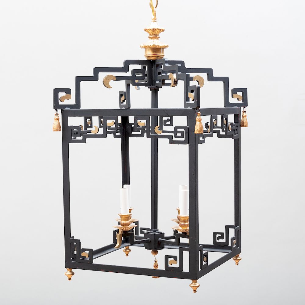 Appraisal: Chinese Style Black Painted and Parcel-Gilt Metal Four-Light Lantern x