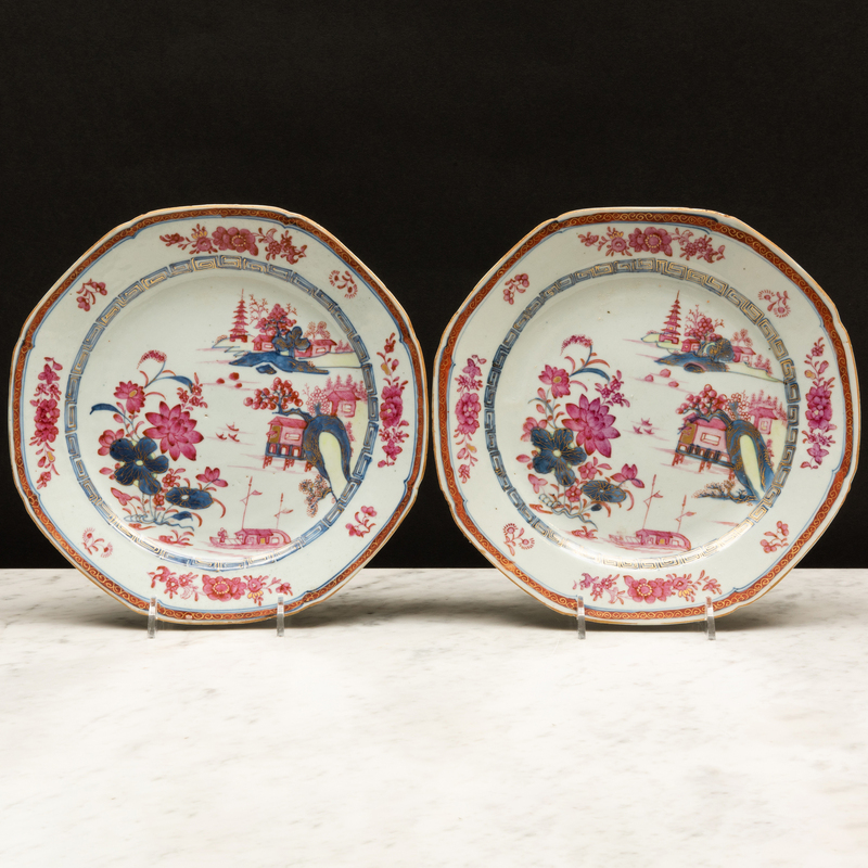 Appraisal: Pair of Chinese Export Puce and Cobalt Blue Porcelain Octagonal