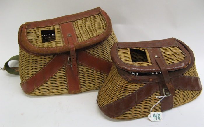 Appraisal: TWO WICKER AND LEATHER FISHING CREELS having shoulder straps and