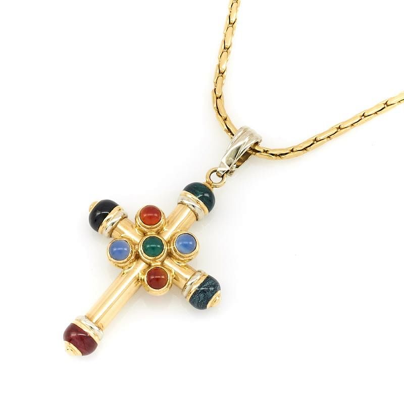 Appraisal: k Yellow gold and gemstone cross on chain k Yellow