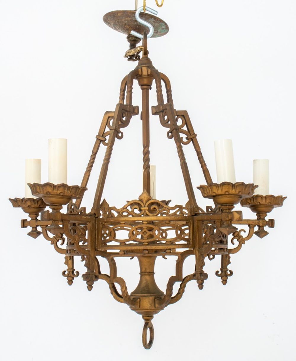 Appraisal: NEO-GOTHIC GILT BRASS CHANDELIER WITH BRANCHES Neo-Gothic hammered gilt brass