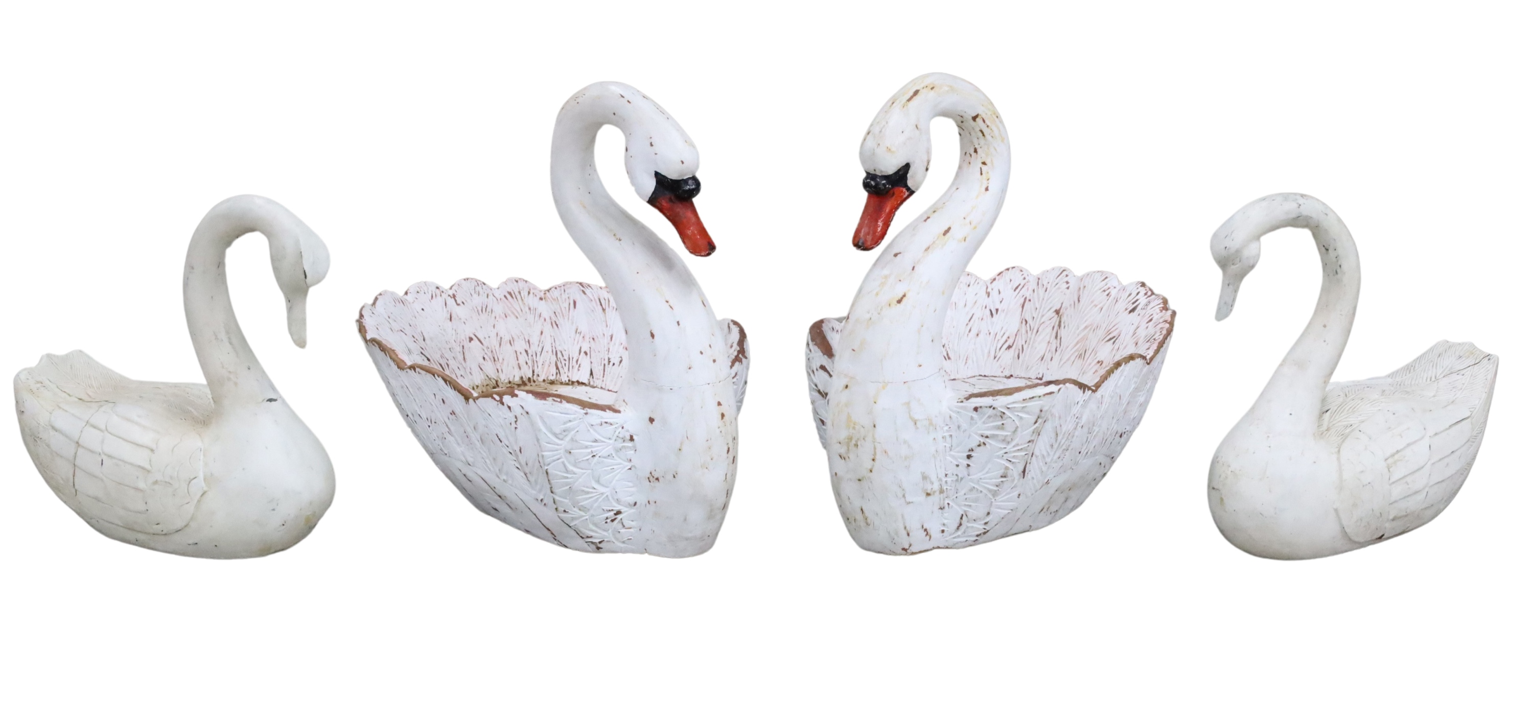 Appraisal: GROUP OF LARGE POLYCHROME CARVED WOOD SWANS Group of large