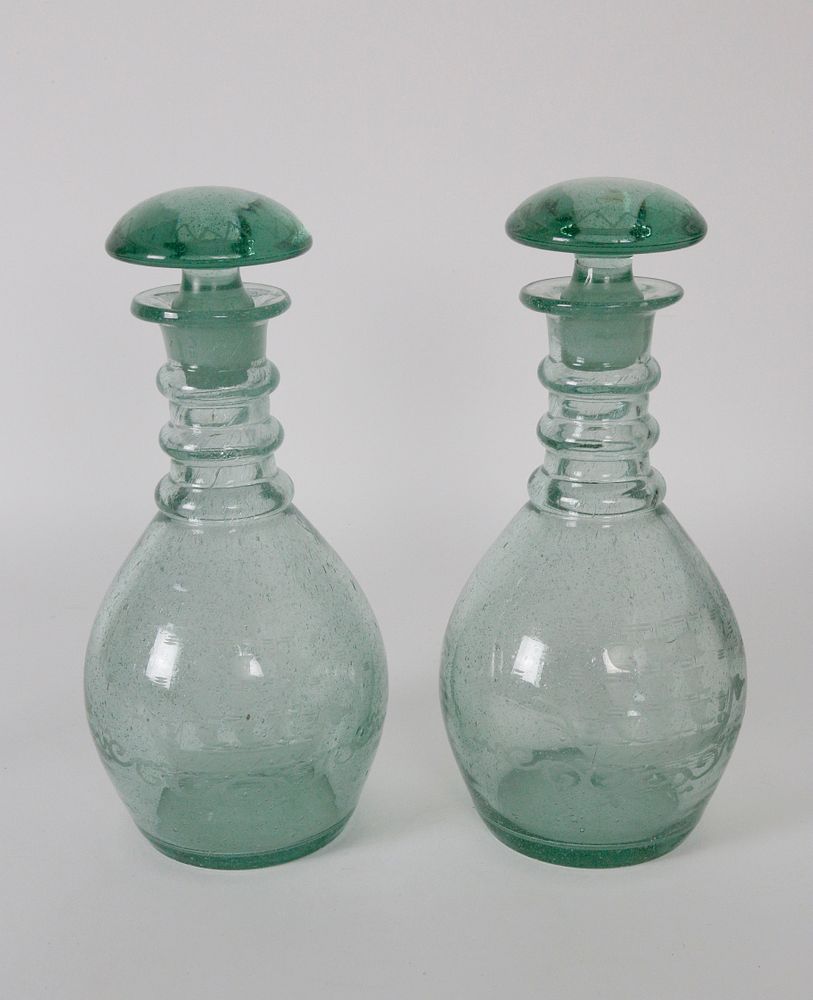 Appraisal: Pair of Blown Green Glass Decanters Pair of Blown Green