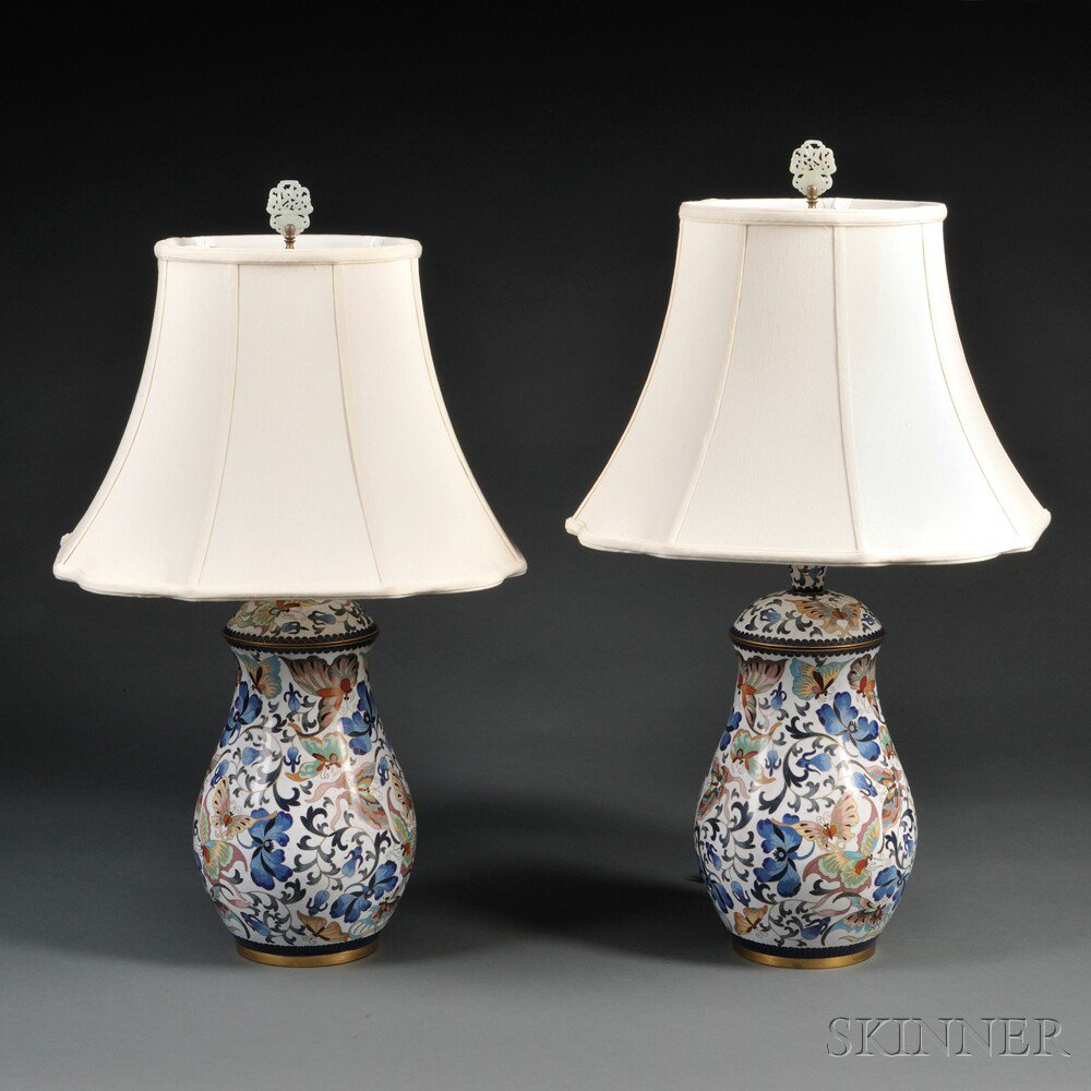 Appraisal: Pair of Covered Cloisonne Vases Mounted as Lamps China th