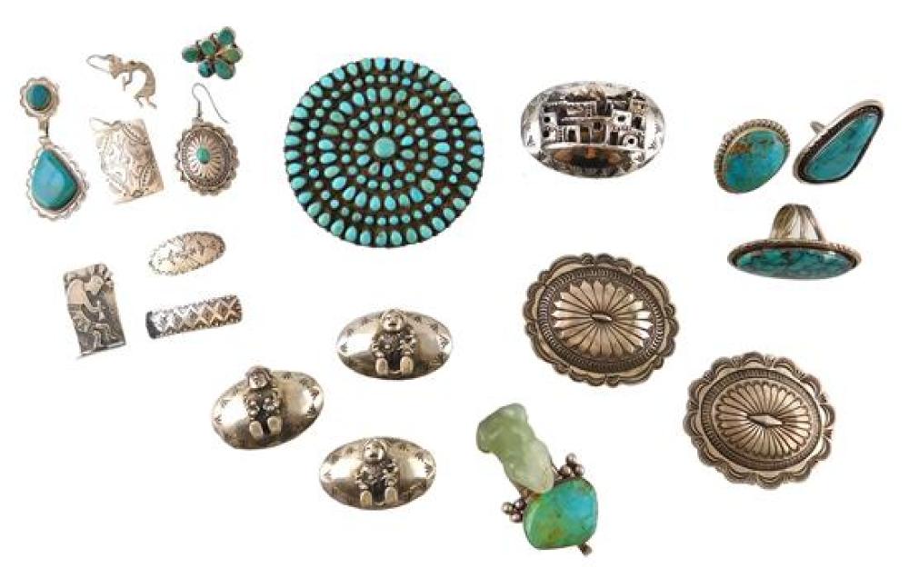 Appraisal: JEWELRY Sterling and tested silver Native American-style jewelry nineteen pieces