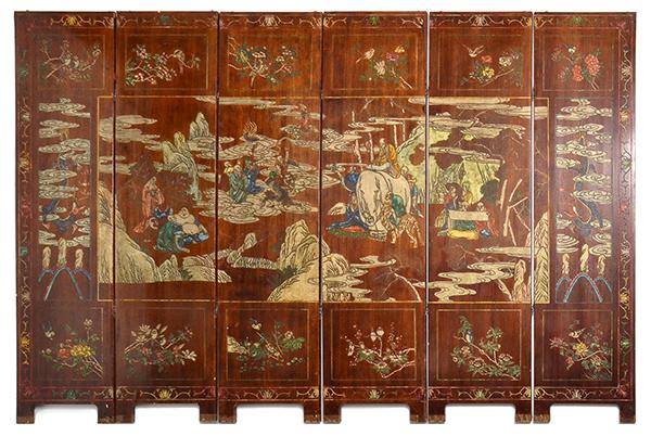 Appraisal: A CHINESE PAINTED AND CARVED SIX PANEL SCREEN depicting scholars