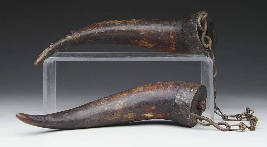 Appraisal: PAIR OF HORN AND IRON MOUNTED POWDER FLASKS Iron collar