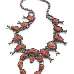 Appraisal: Navajo Silver and Coral Squash Blossom Necklace third quarter th