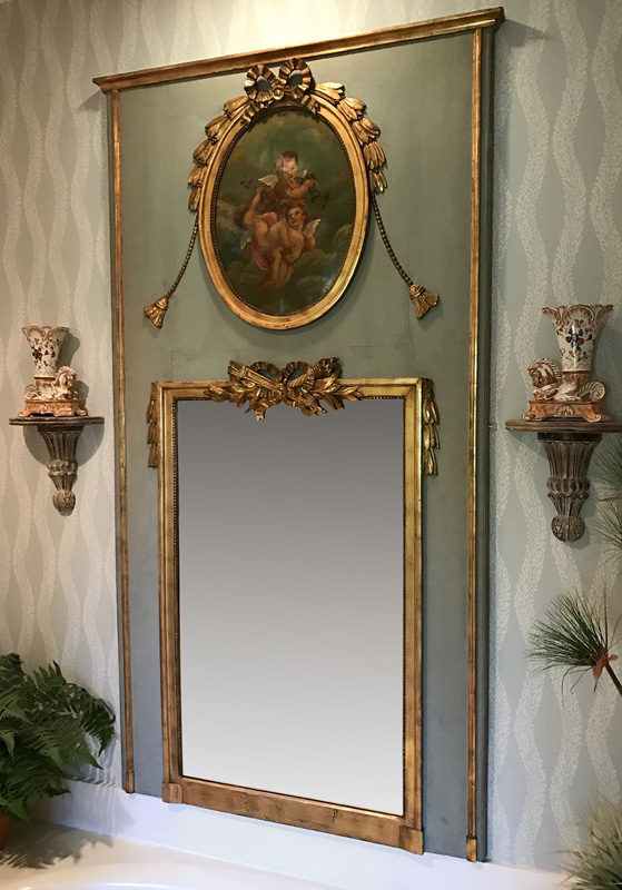 Appraisal: LOUIS XVI STYLE LARGE PAINT DECORATED TRUMEAU MIRROR Top medallion