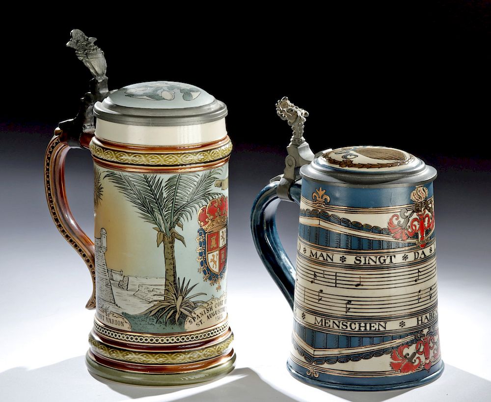 Appraisal: Antique German Mettlach Pewter Stoneware Steins Europe Germany Mettlach Catalog