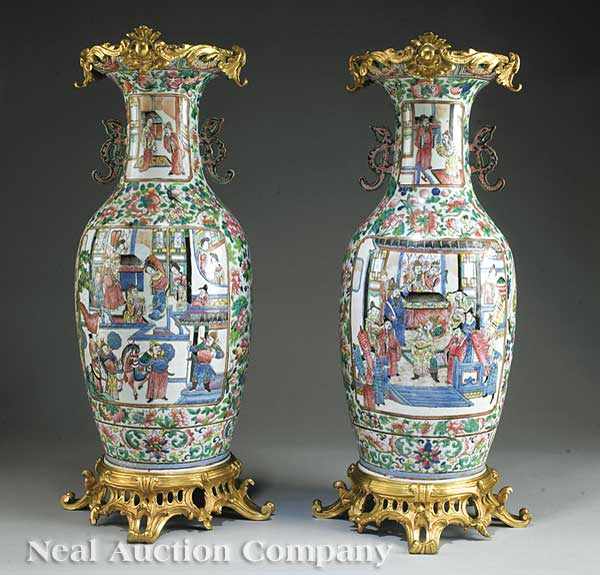 Appraisal: A True Pair of Monumental Chinese Gilt Bronze-Mounted Famille Rose