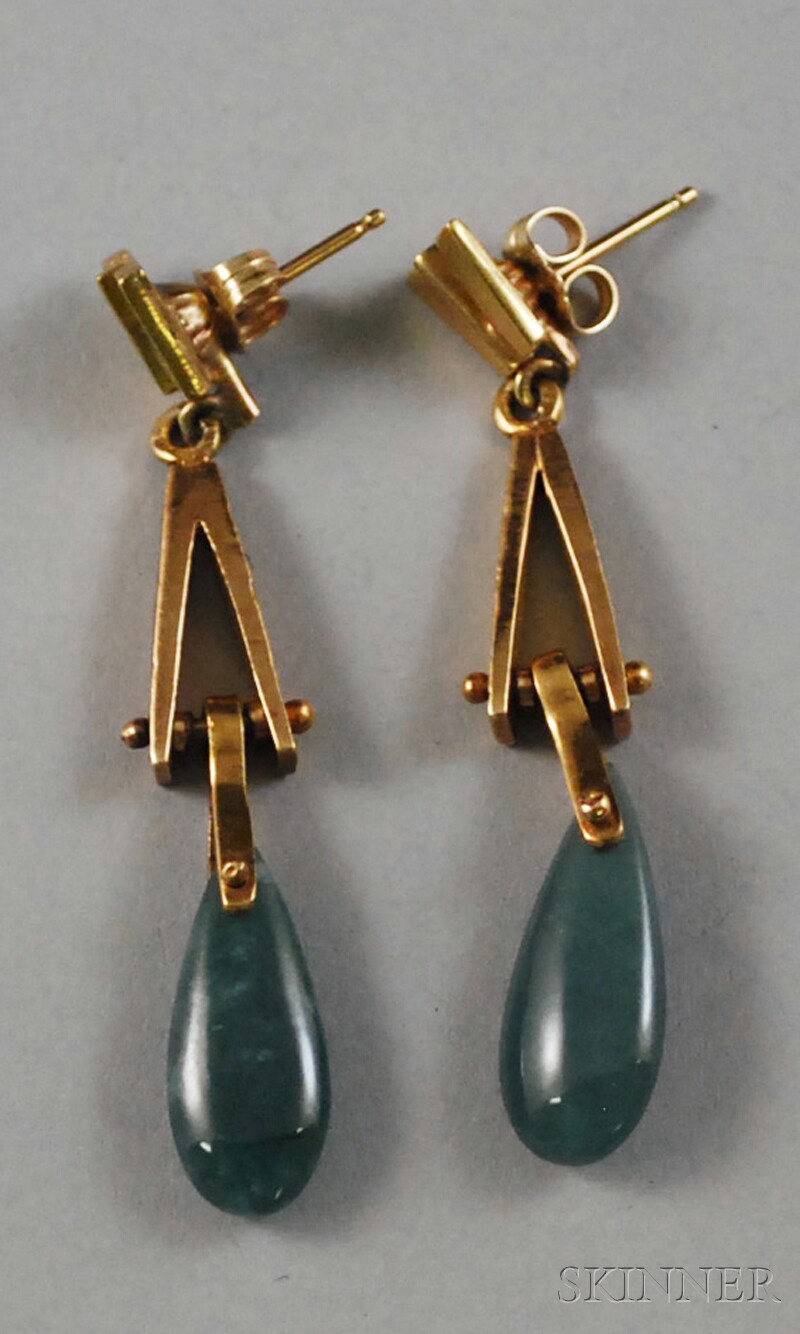 Appraisal: Pair of kt Gold and Jade Earpendants comprised of geometric