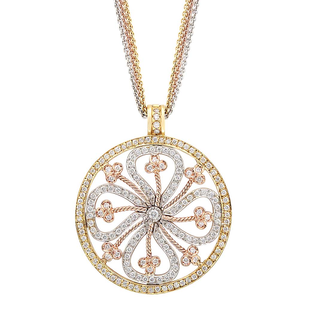 Appraisal: Tricolor Gold and Diamond Pendant with Triple Strand Chain Necklace