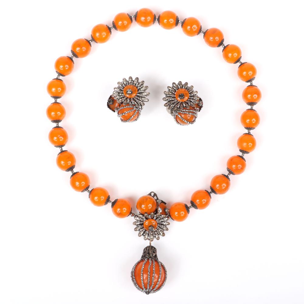 Appraisal: MIRIAM HASKELL MARBLED ORANGE AMBER GLASS BEAD CHOKER NECKLACE AND