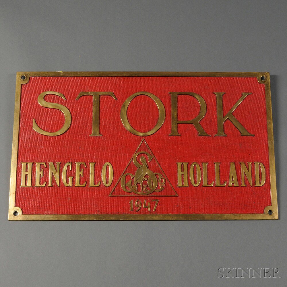 Appraisal: Brass and Red-painted Stork Plaque Hengelo Holland c the plaque