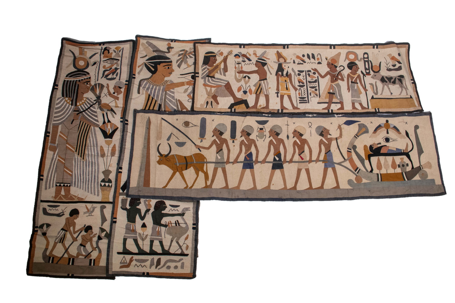 Appraisal: EGYPTIAN APPLIQUE FABRIC PANELS Ancient Egyptian Motif Wall Hangings undoubtedly