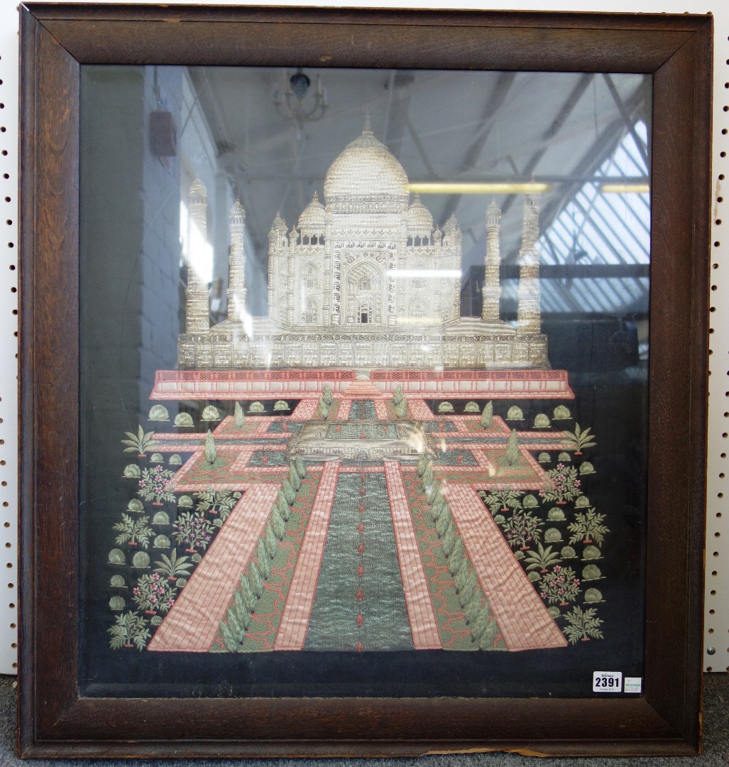 Appraisal: A stamp work embroidered panel th century depicting the Taj