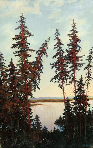 Appraisal: Lebedev Russian early th century- Wooded lakeland view at sunset