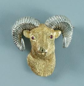 Appraisal: Gold ram s head brooch textured kt yellow and white