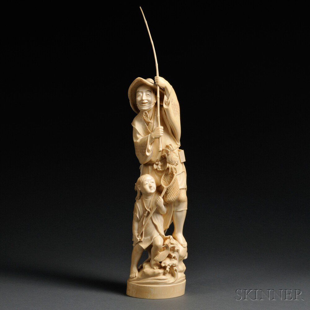 Appraisal: Ivory Carving of a Fisherman Japan th century holding a