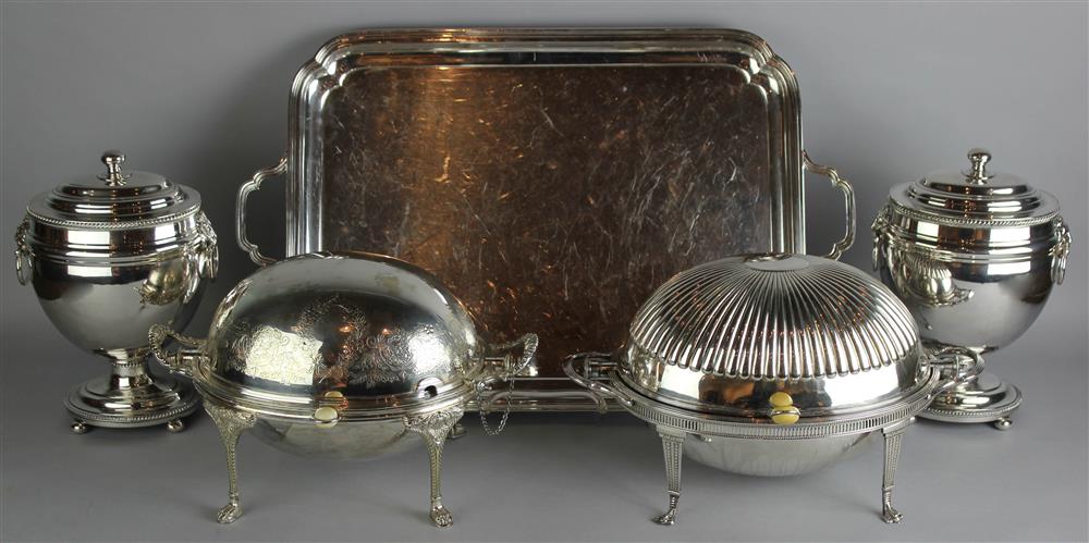 Appraisal: FIVE SILVERPLATED TABLEWARES including a rectangular two-handled tray for James