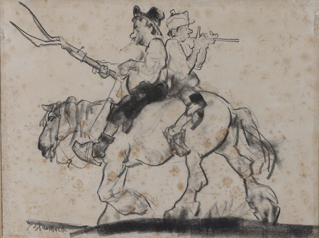 Appraisal: EDMUND BLAMPIED - Two tramps mounted on horseback signed charcoal