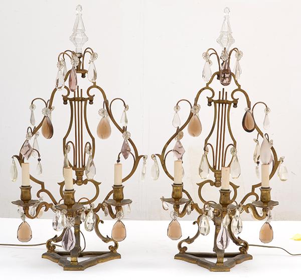 Appraisal: A PAIR OF GILT METAL AND CRYSTAL DROP TABLE CANDELABRA