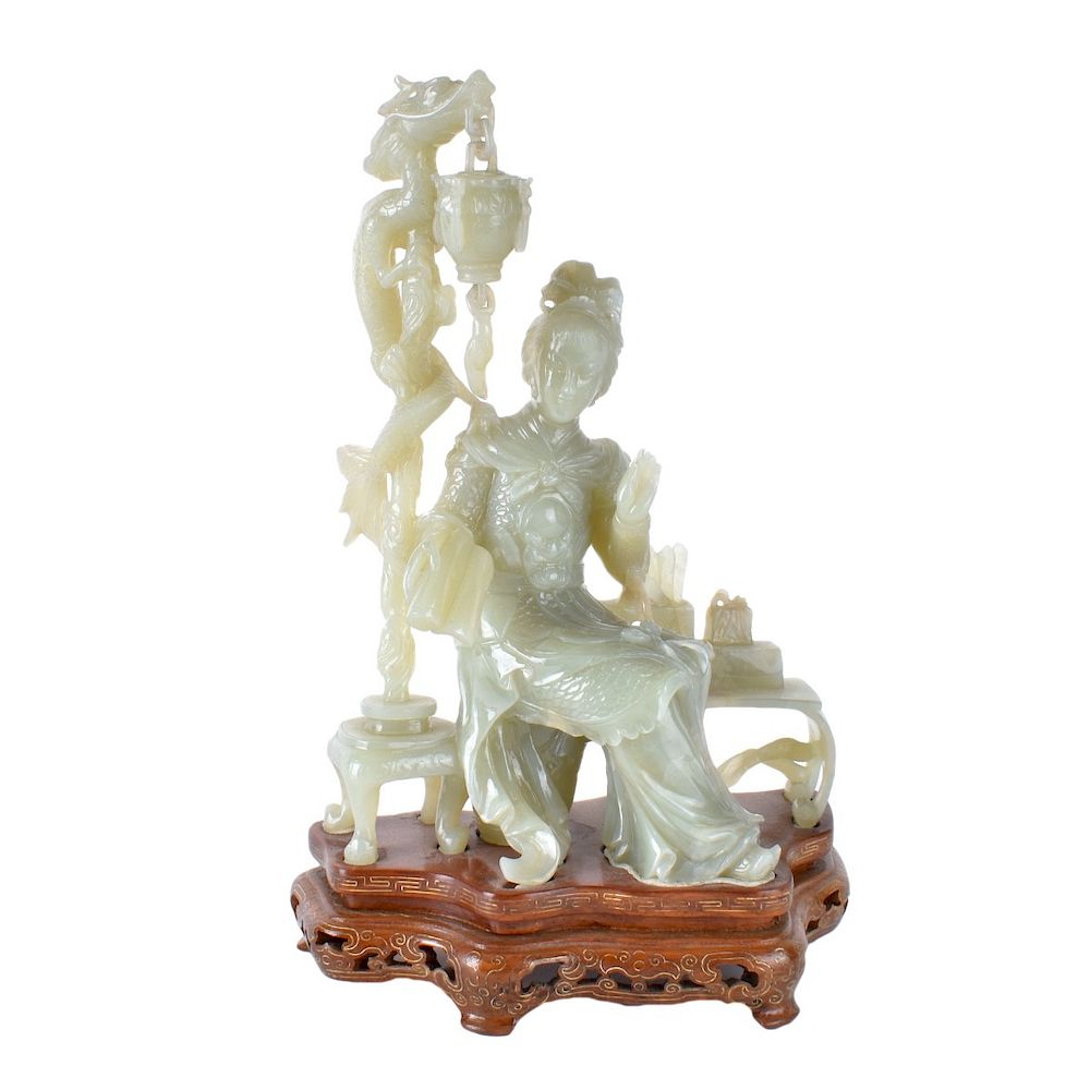 Appraisal: Chinese Jade Guanyin Chinese Carved Jade Guanyin Group on Wooden