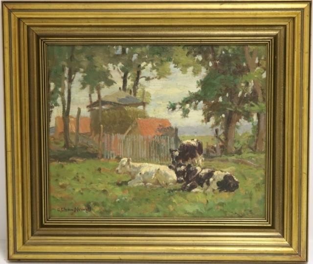 Appraisal: GEORGE NEWELL - NY CT OIL PAINTINGON PANEL FARMYARD SCENE