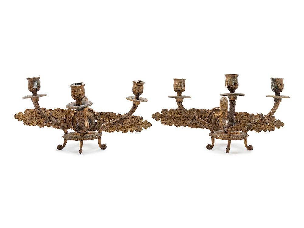 Appraisal: A Pair of Empire Style Gilt Bronze Three-Light Sconces A