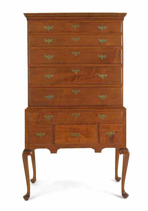 Appraisal: New England Queen Anne tiger maple tall chest in two