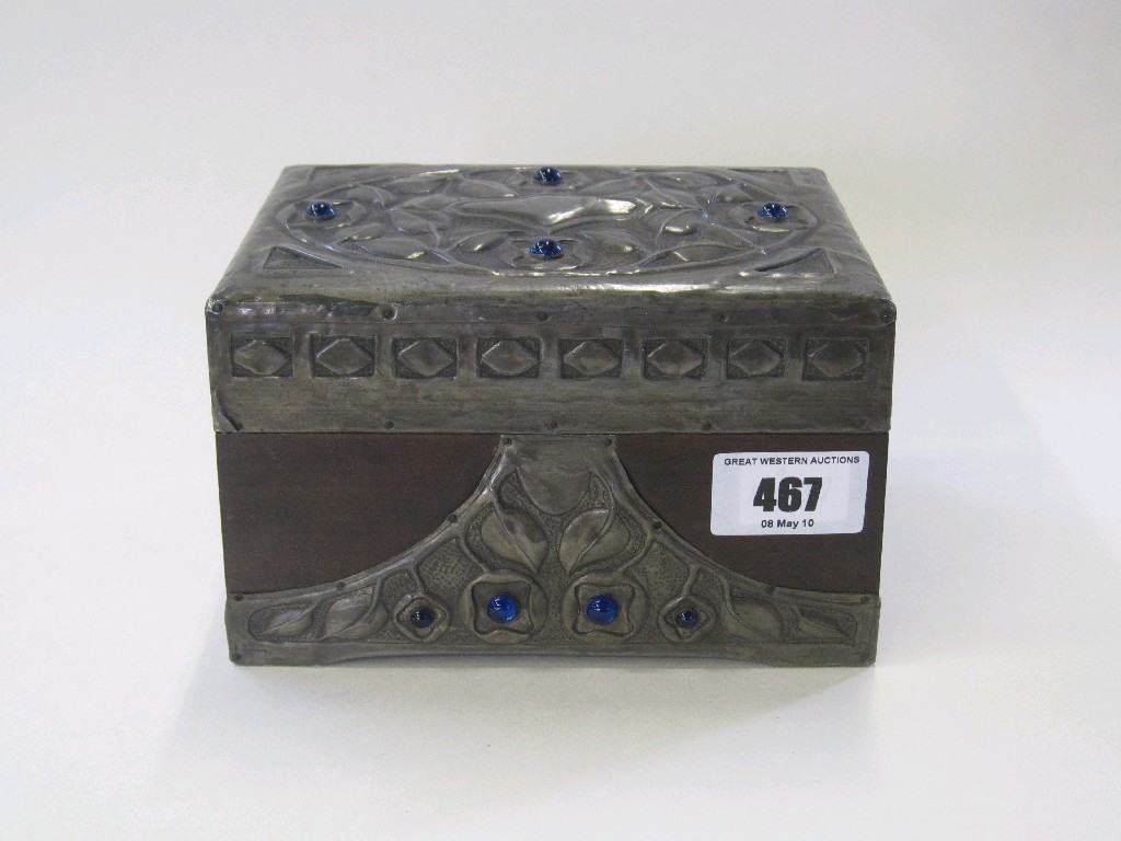 Appraisal: Pewter mounted wooden box decorated in the Arts and Crafts