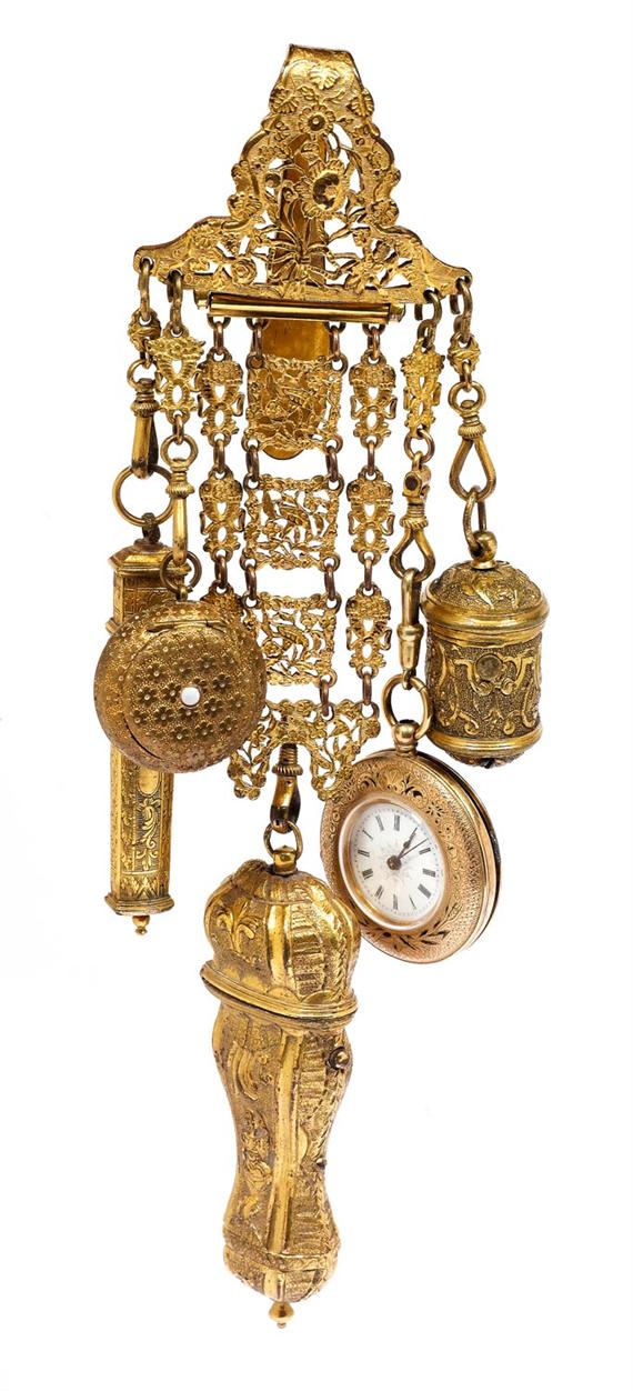 Appraisal: CH TELAINE WITH PENDANTS th th century Gold-plated yellow gold