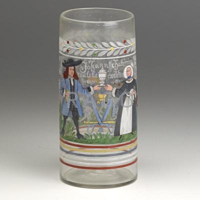 Appraisal: GERMAN ENAMELED GLASS STEIN Polychrome decorated with a marriage scene