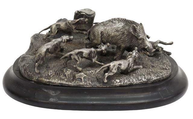 Appraisal: Silvered bronze sculpture Dogs Hunting Wild Boar after Pierre Jules