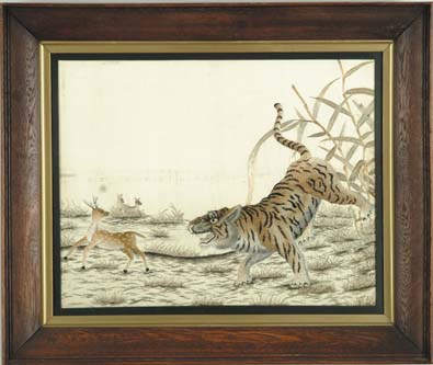 Appraisal: ORIENTAL NEEDLEWORK PICTURE OF A TIGER AND DEER Large tiger