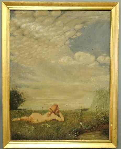 Appraisal: Large oil on canvas painting of a nude woman reclining