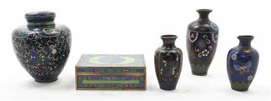 Appraisal: Five Chinese Cloisonne Articles comprising three bud vases a lidded